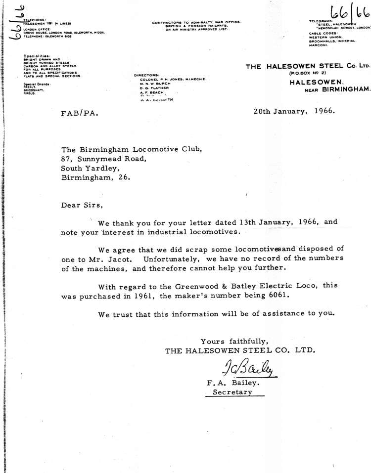Letter from Halesowen Steel Co